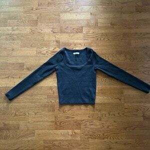 Madewell Black Ribbed Square Neck Women Shirt Top Long Sleeve XXS Fitted Tee